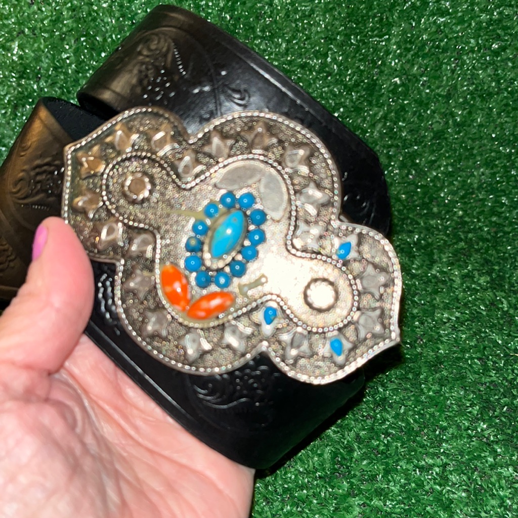 Express Leather Belt With Large Jeweled Buckle See Description